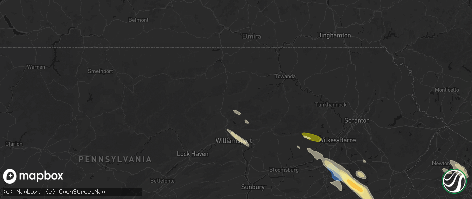 Hail map in Roaring Branch, PA on July 15, 2026