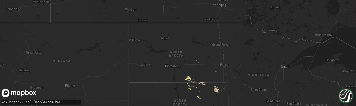 Hail map in North Dakota on July 16, 2015