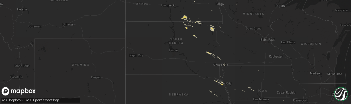 Hail map in South Dakota on July 16, 2015