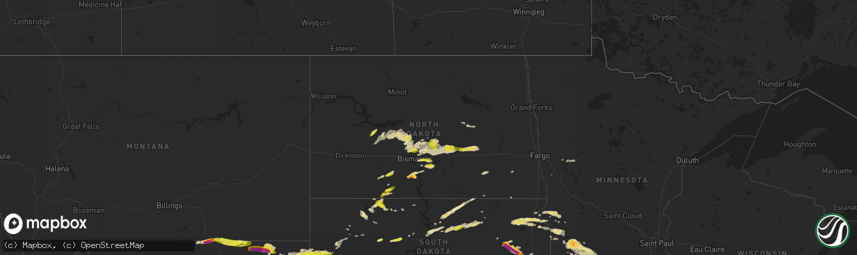 Hail map in North Dakota on July 16, 2016