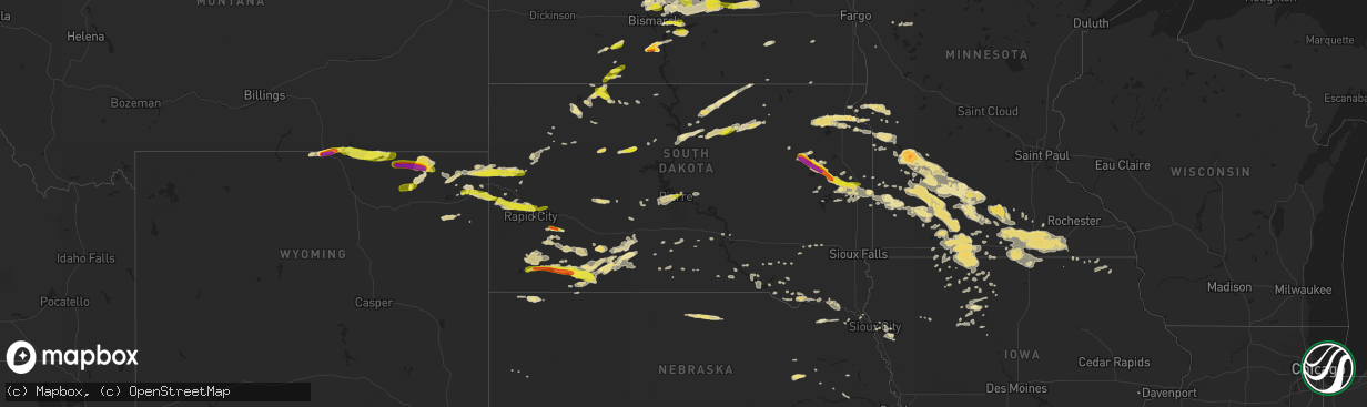 Hail map in South Dakota on July 16, 2016