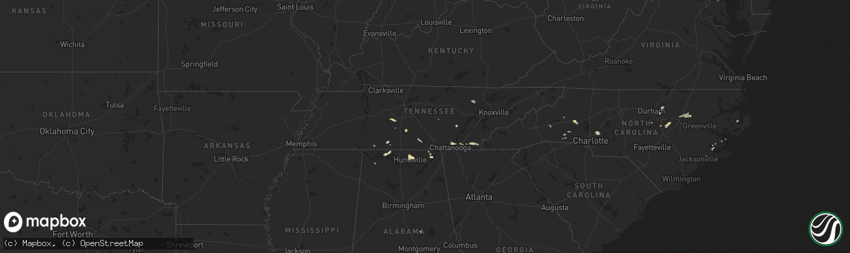 Hail map in Tennessee on July 16, 2016
