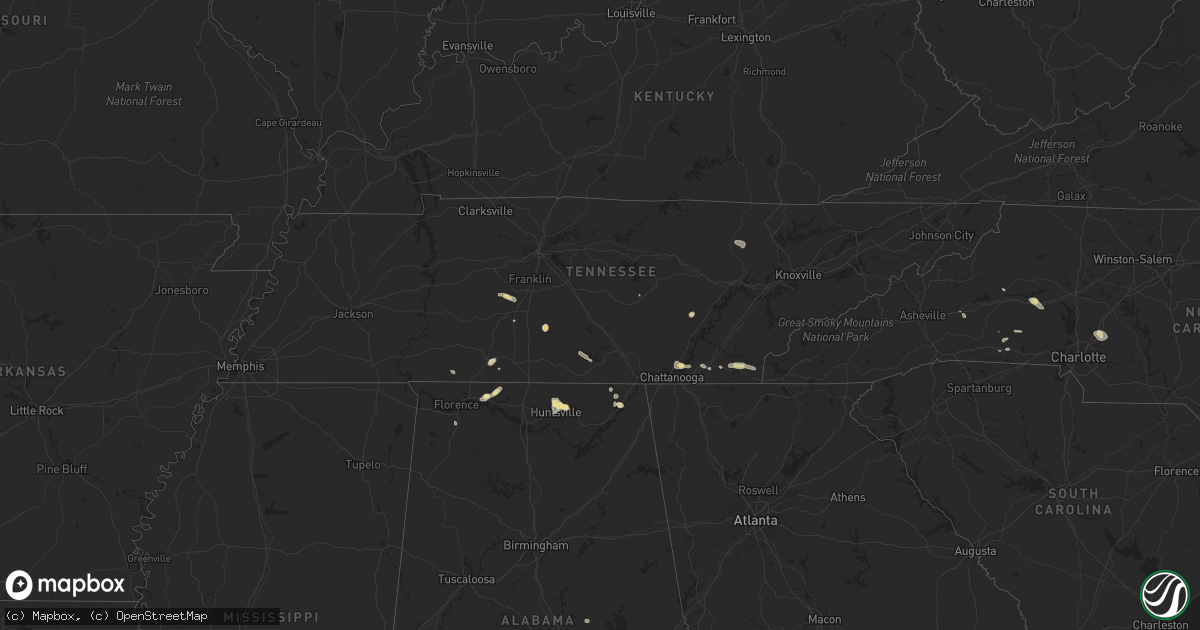Hail map in Tennessee on July 16, 2016