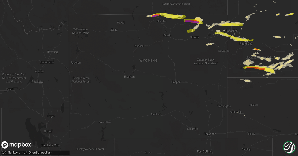 Hail map in Wyoming on July 16, 2016