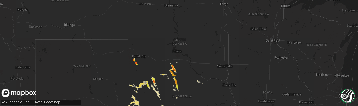 Hail map in South Dakota on July 16, 2018