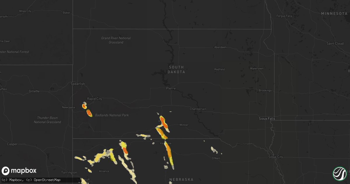 Hail map in South Dakota on July 16, 2018