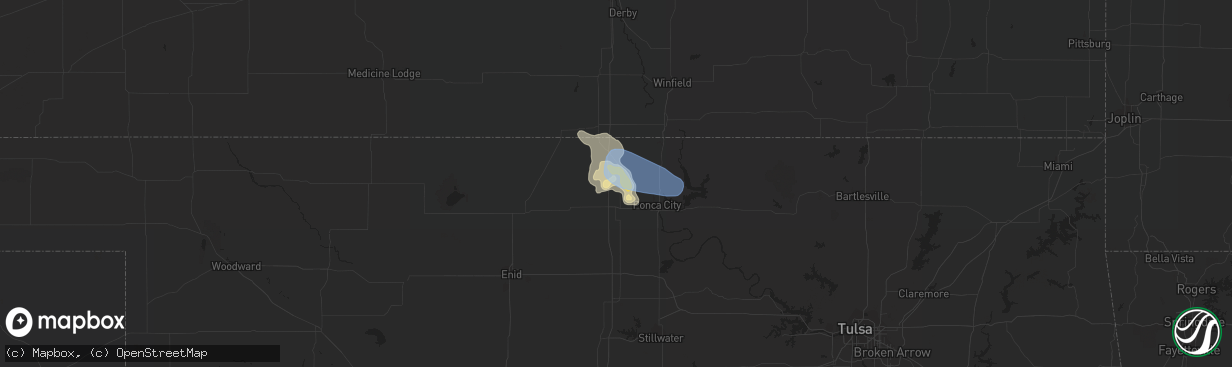 Hail map in Blackwell, OK on July 16, 2019