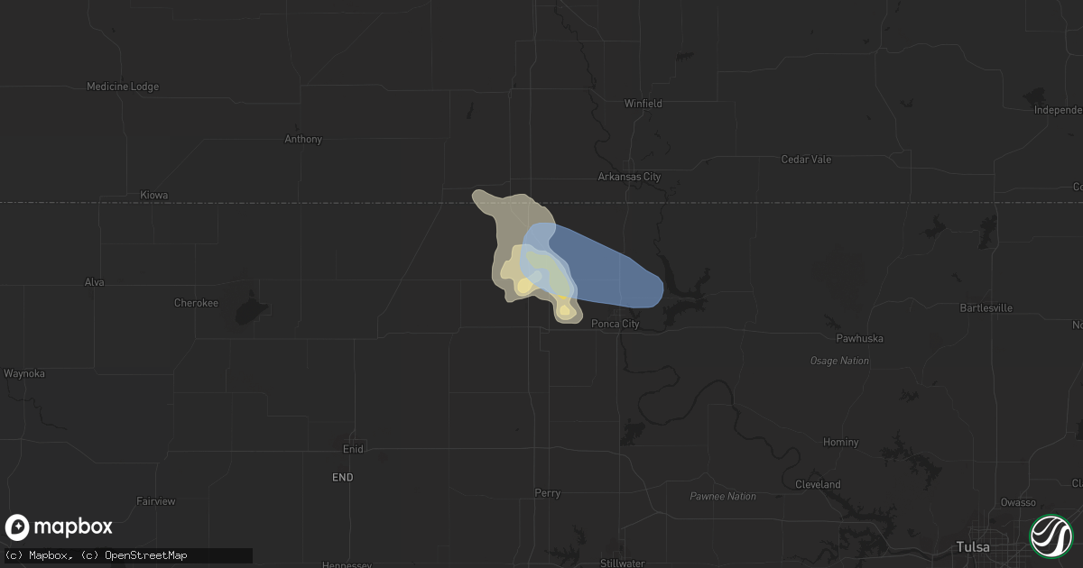Hail map in Blackwell, OK on July 16, 2019