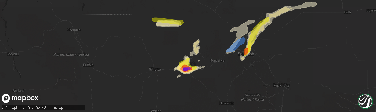 Hail map in Moorcroft, WY on July 16, 2019