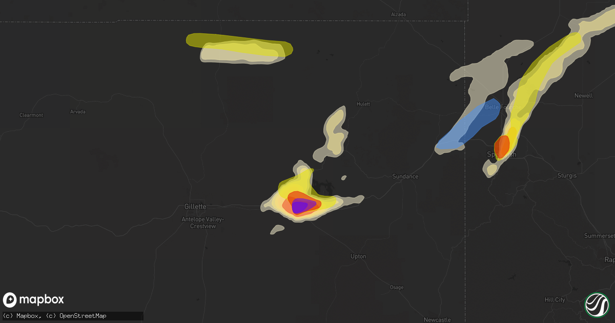 Hail map in Moorcroft, WY on July 16, 2019