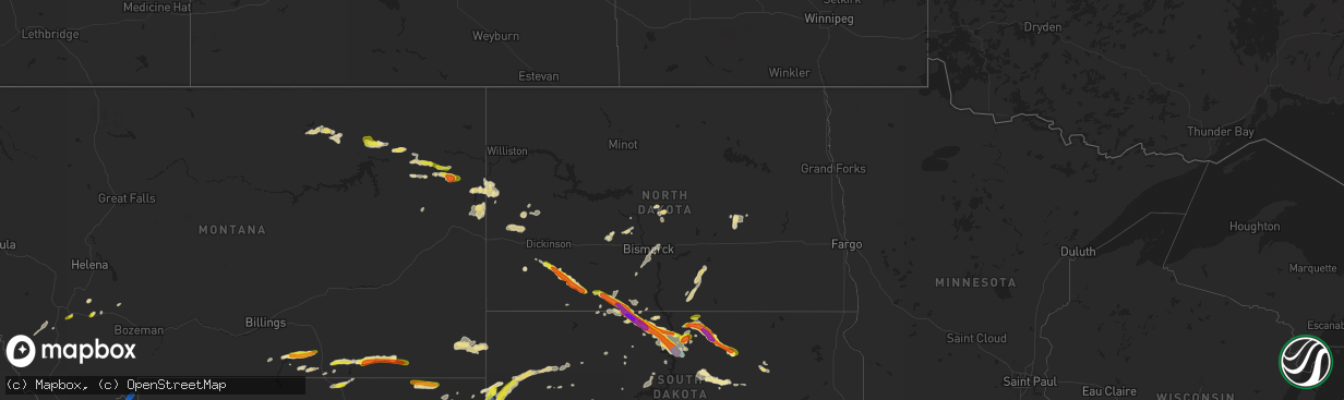 Hail map in North Dakota on July 16, 2019