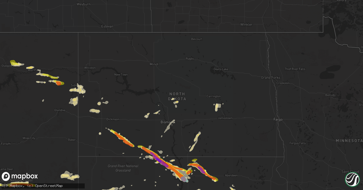 Hail map in North Dakota on July 16, 2019