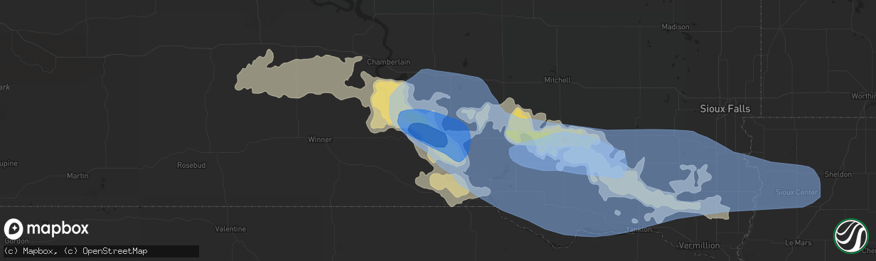 Hail map in Platte, SD on July 16, 2019