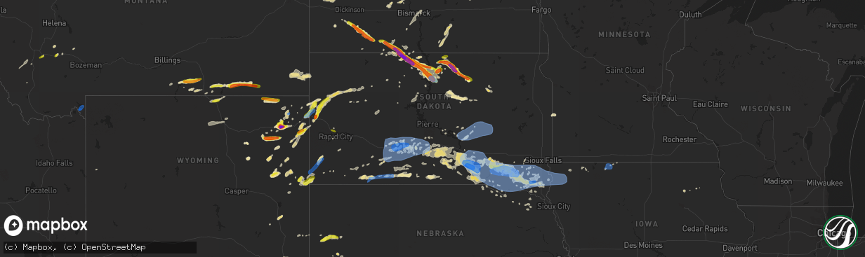 Hail map in South Dakota on July 16, 2019