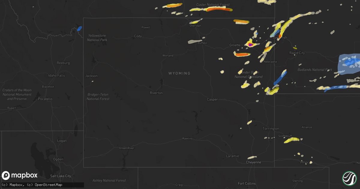 Hail map in Wyoming on July 16, 2019