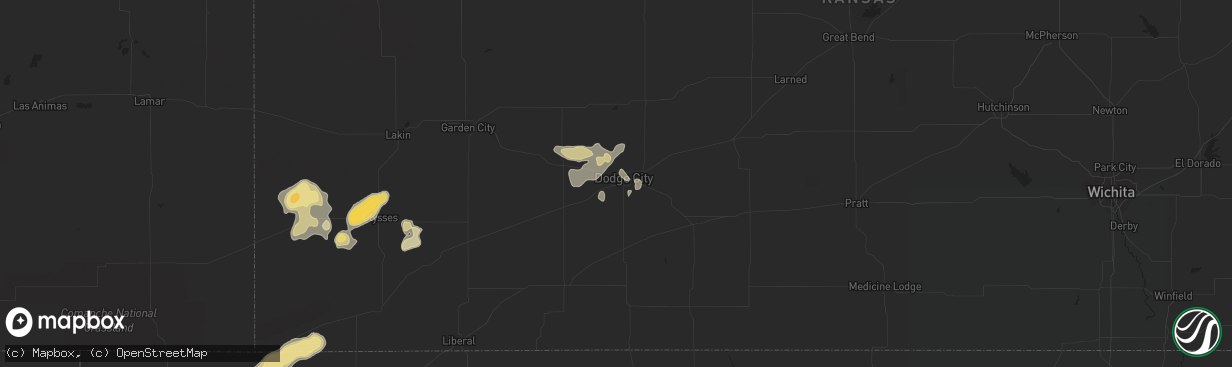 Hail map in Dodge City, KS on July 16, 2020