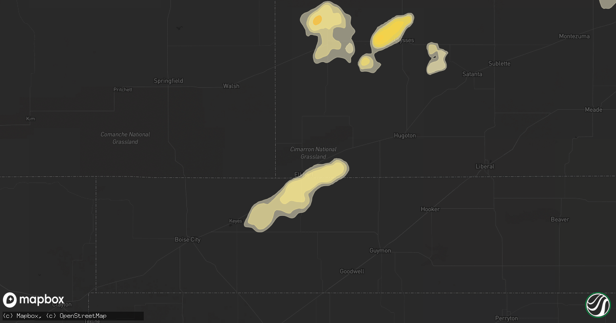 Hail map in Elkhart, KS on July 16, 2020