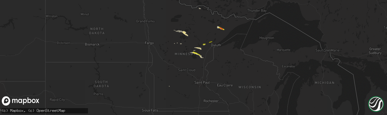 Hail map in Minnesota on July 16, 2020