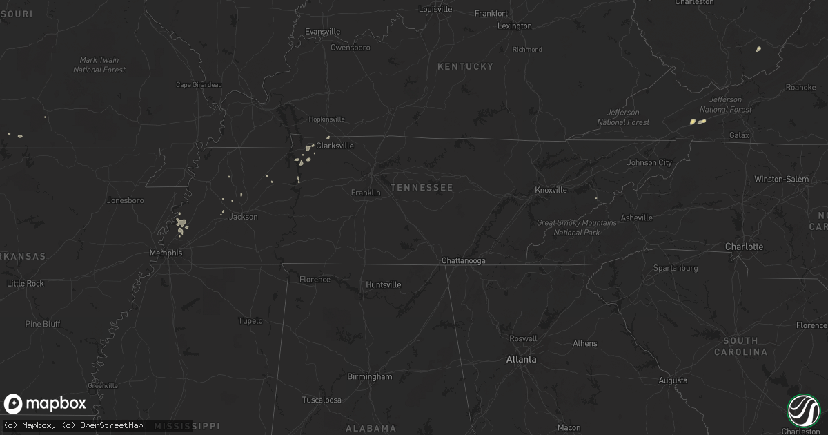 Hail map in Tennessee on July 16, 2020