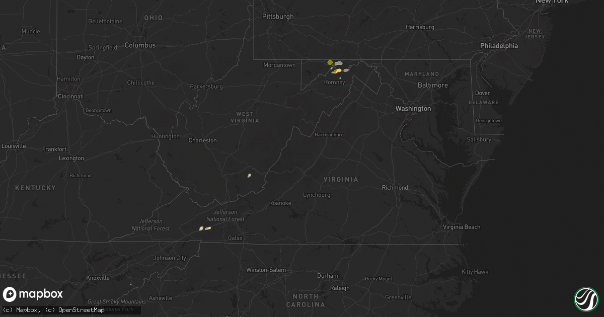Hail map in Virginia on July 16, 2020