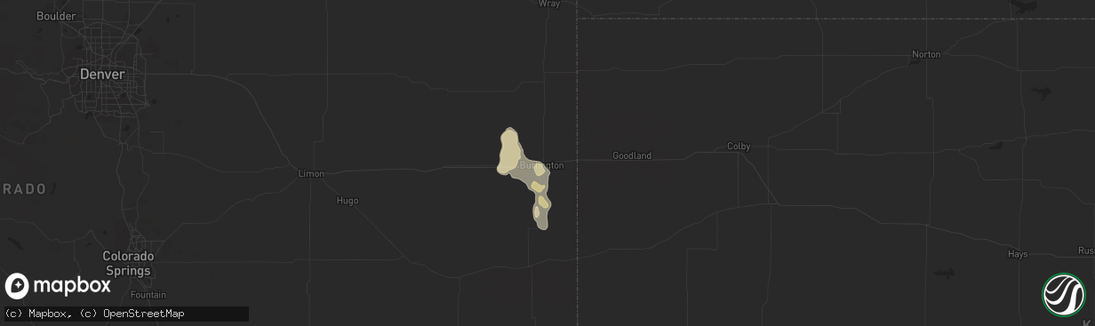 Hail map in Burlington, CO on July 16, 2021