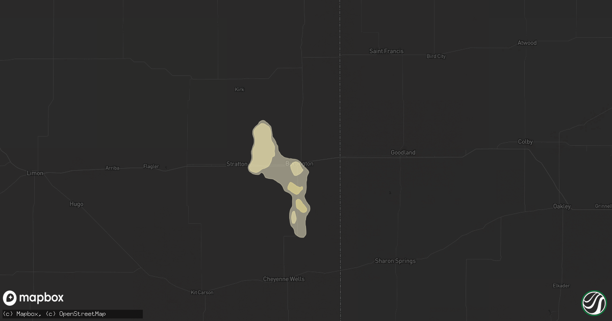 Hail map in Burlington, CO on July 16, 2021