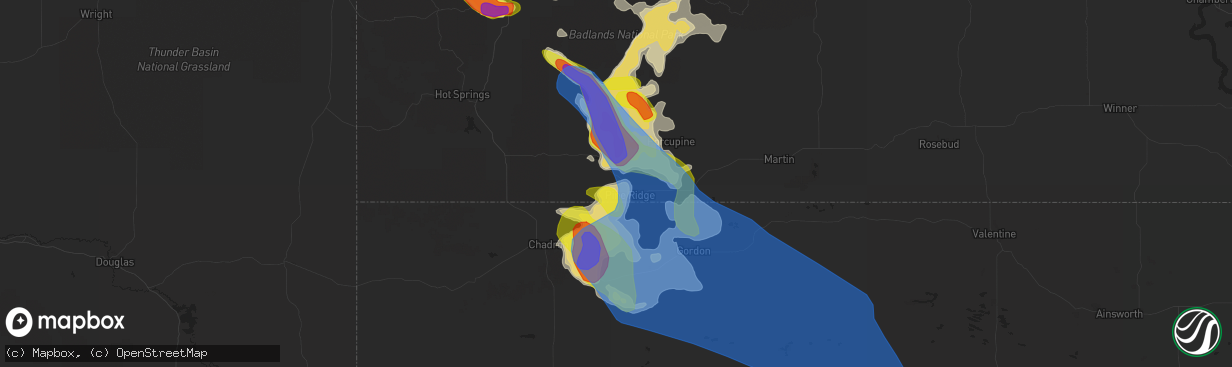 Hail map in Pine Ridge, SD on July 16, 2021