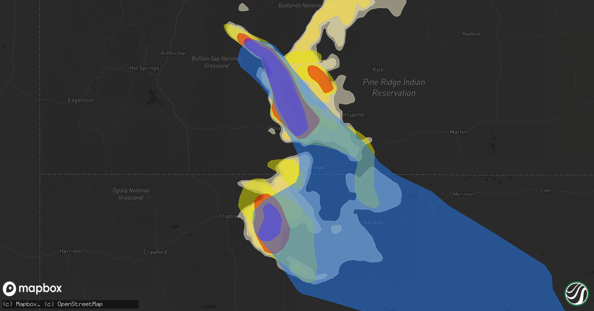 Hail map in Pine Ridge, SD on July 16, 2021