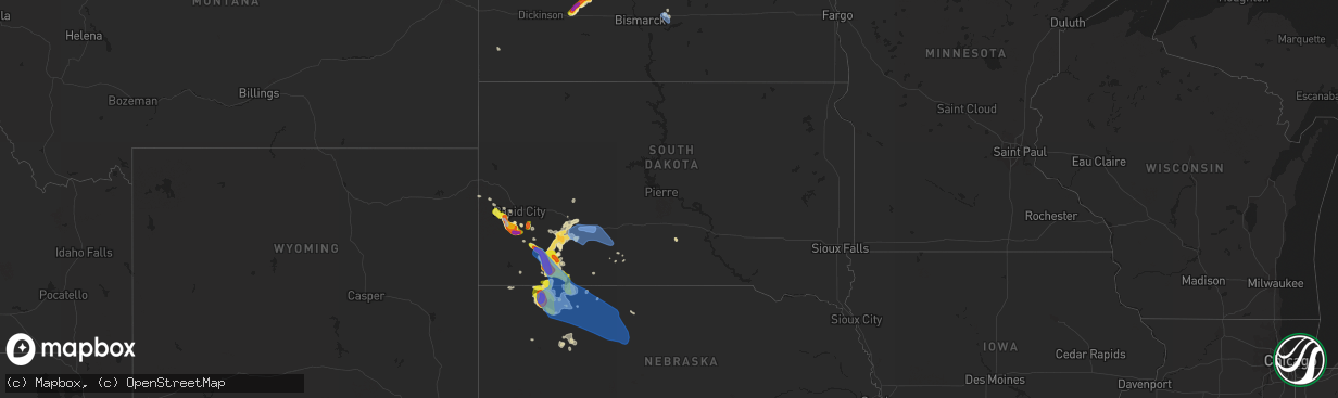 Hail map in South Dakota on July 16, 2021