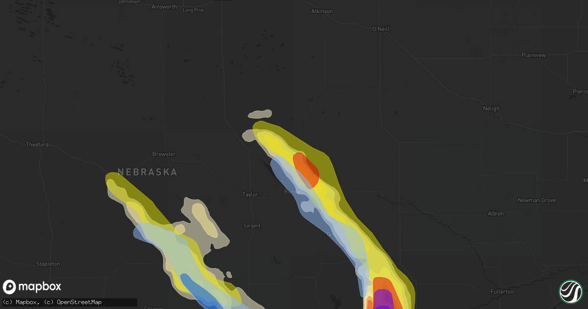 Hail map in Burwell, NE on July 16, 2022