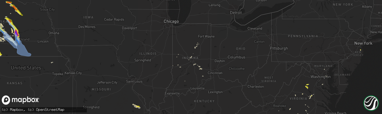 Hail map in Indiana on July 16, 2022