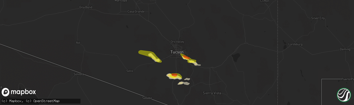 Hail map in Tucson, AZ on July 16, 2022