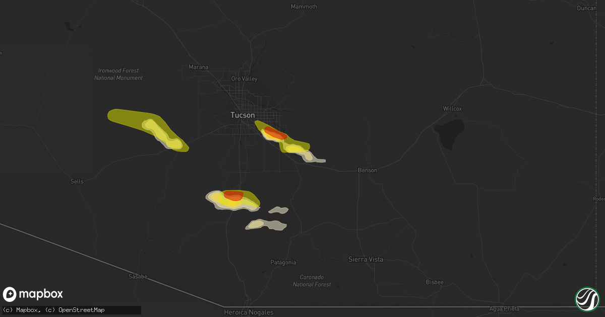Hail map in Vail, AZ on July 16, 2022