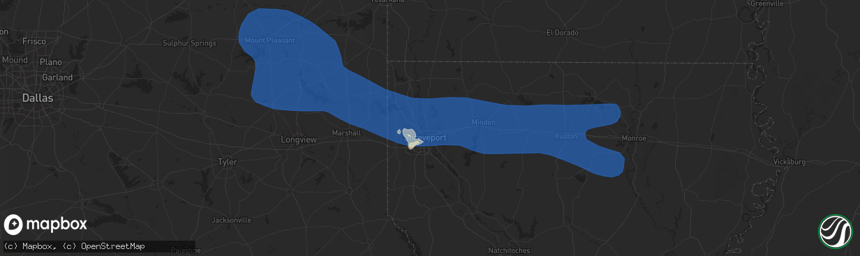 Hail map in Bossier City, LA on July 16, 2023