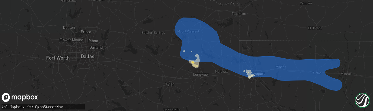 Hail map in Gilmer, TX on July 16, 2023