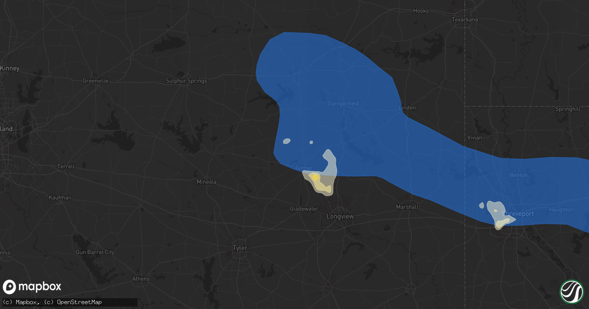 Hail map in Gilmer, TX on July 16, 2023