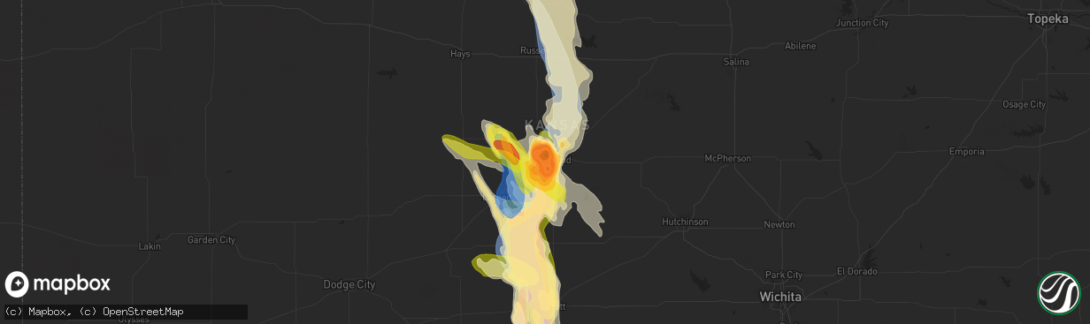 Hail map in Great Bend, KS on July 16, 2023