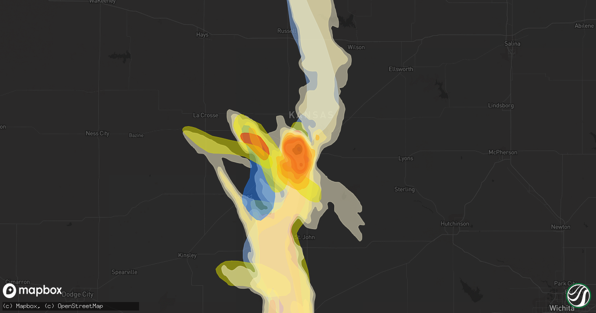 Hail map in Great Bend, KS on July 16, 2023