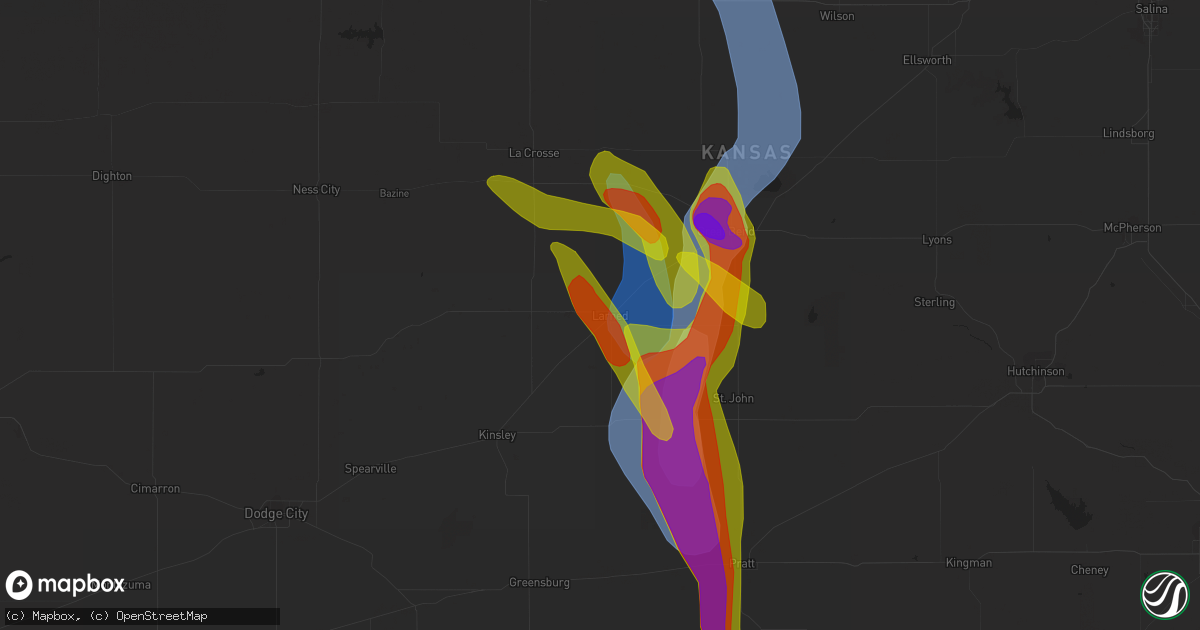 Hail map in Larned, KS on July 16, 2023