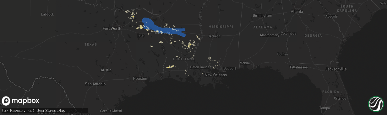 Hail map in Louisiana on July 16, 2023