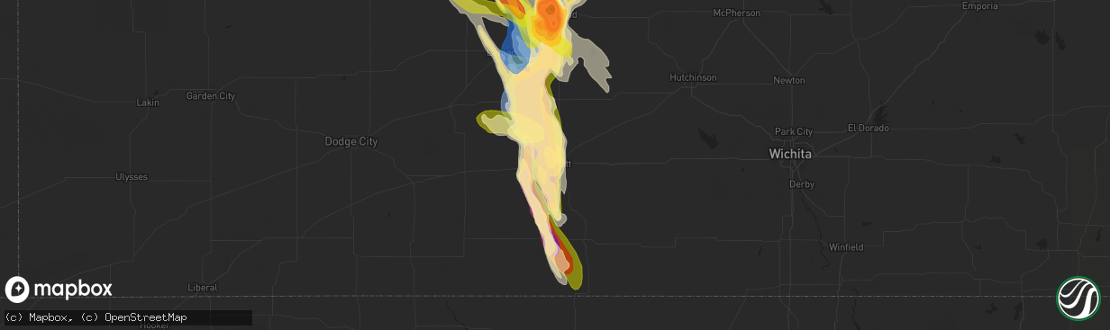 Hail map in Pratt, KS on July 16, 2023
