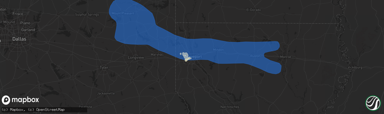 Hail map in Shreveport, LA on July 16, 2023