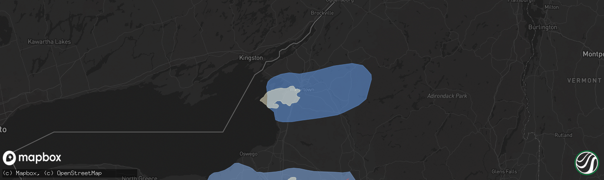 Hail map in Watertown, NY on July 16, 2024