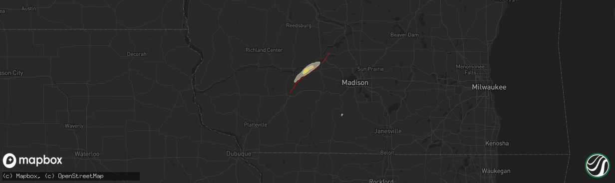 Hail map in Barneveld, WI on July 16, 2025