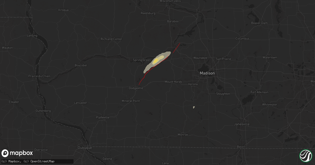 Hail map in Barneveld, WI on July 16, 2025