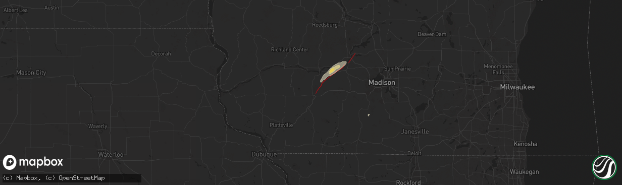 Hail map in Dodgeville, WI on July 16, 2025