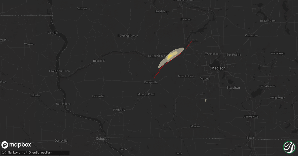 Hail map in Dodgeville, WI on July 16, 2025