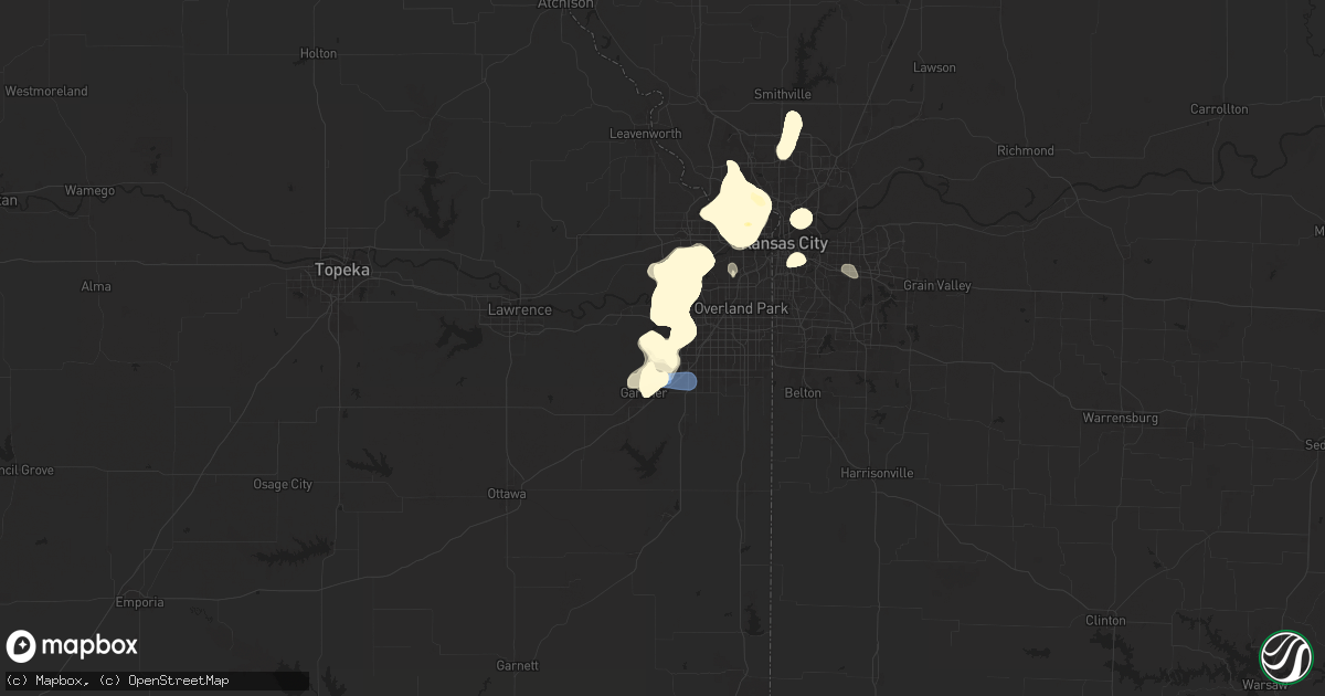 Hail map in Olathe, KS on July 16, 2025