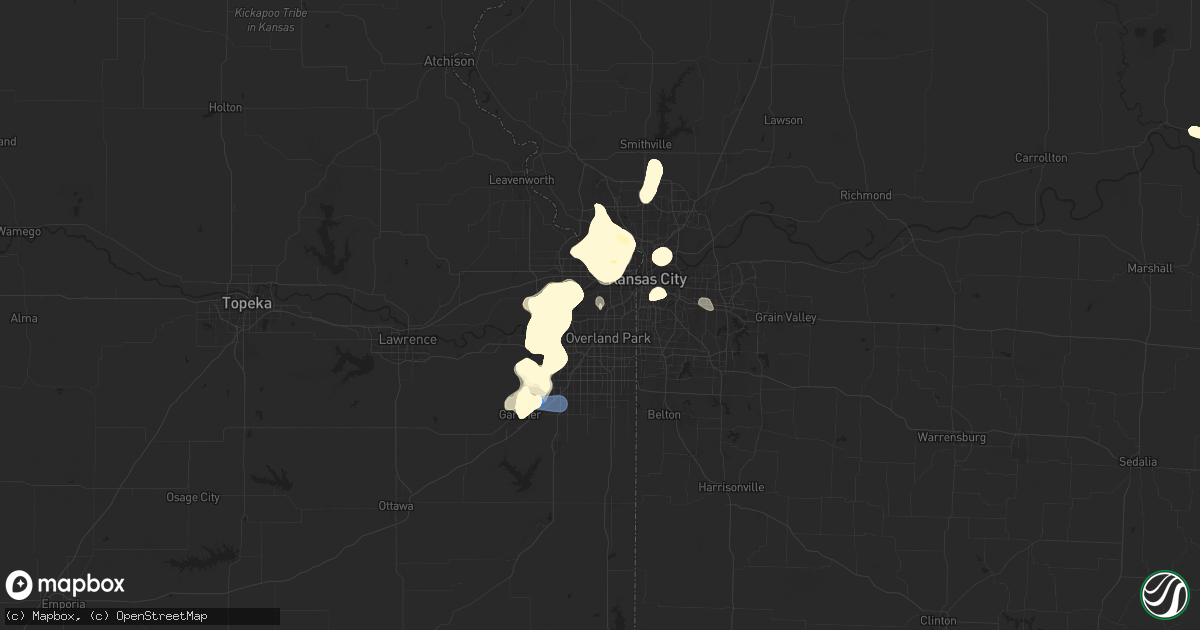 Hail map in Shawnee, KS on July 16, 2025