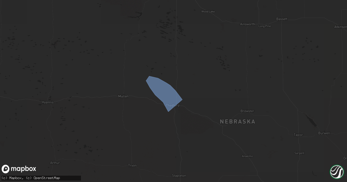 Hail map in Thedford, NE on July 16, 2025